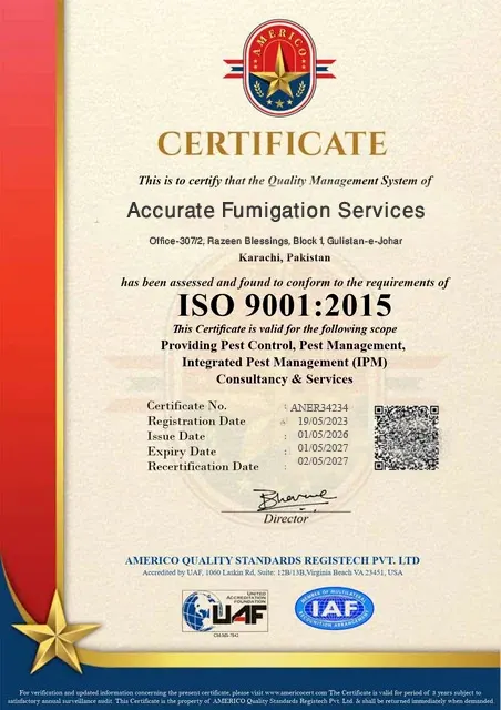 ISO 9001:2015 certificate issued to Accurate Fumigation Services by Americo Quality Standards Registech, certificate number ANER34234, valid until 1 May 2027