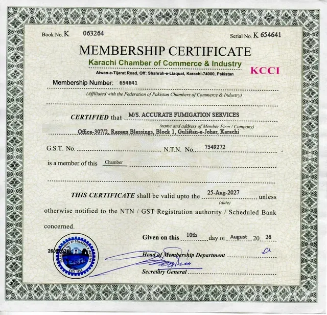 Karachi Chamber of Commerce and Industry membership certificate issued to Accurate Fumigation Services, membership number 654641, valid until 25 August 2027