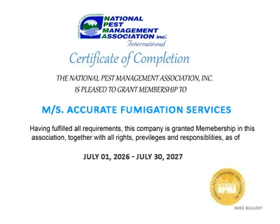 National Pest Management Association membership certificate of Accurate Fumigation