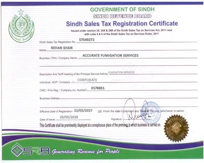 Sindh Sales Tax Registration Certificate issued by the Sindh Revenue Board to Accurate Fumigation Services, registration number S7549272