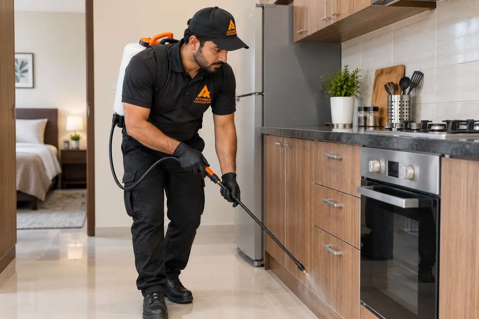 Technician treating a kitchen in a Karachi flat for cockroaches