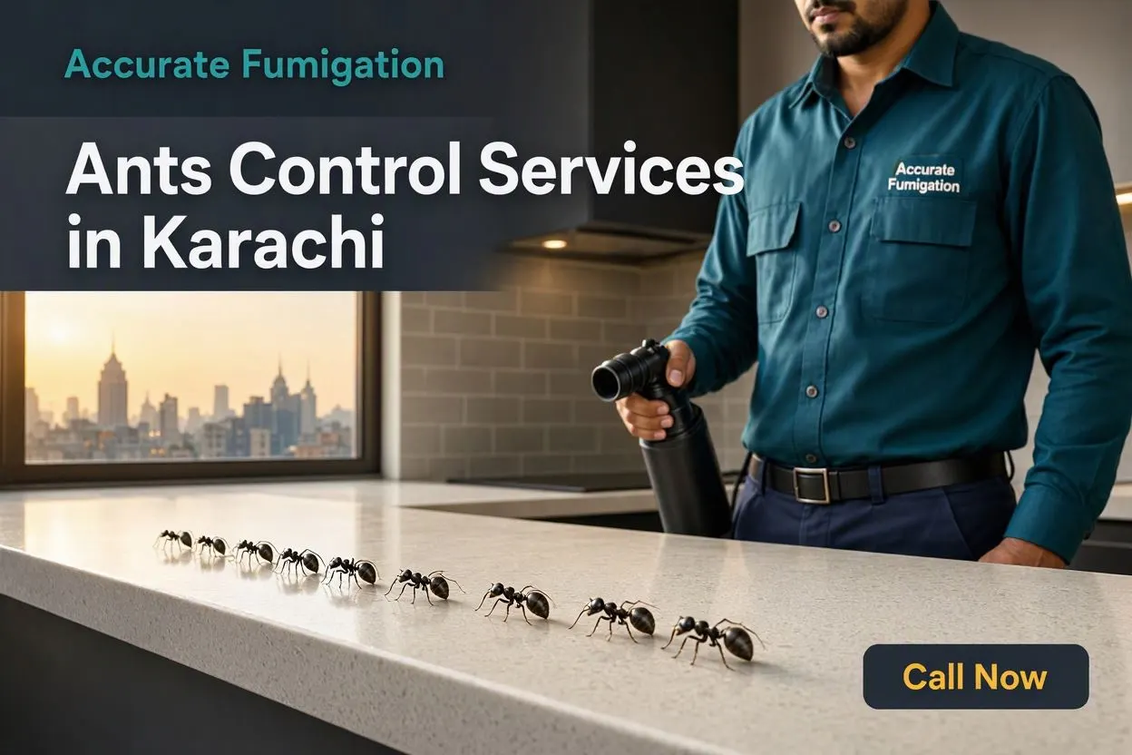 Ants control service in Karachi: Accurate Fumigation technician treating a kitchen for ants