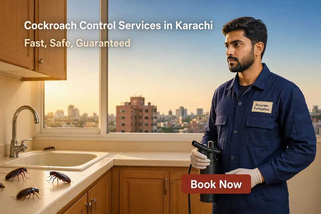 Cockroach control service in Karachi: Accurate Fumigation technician treating a kitchen