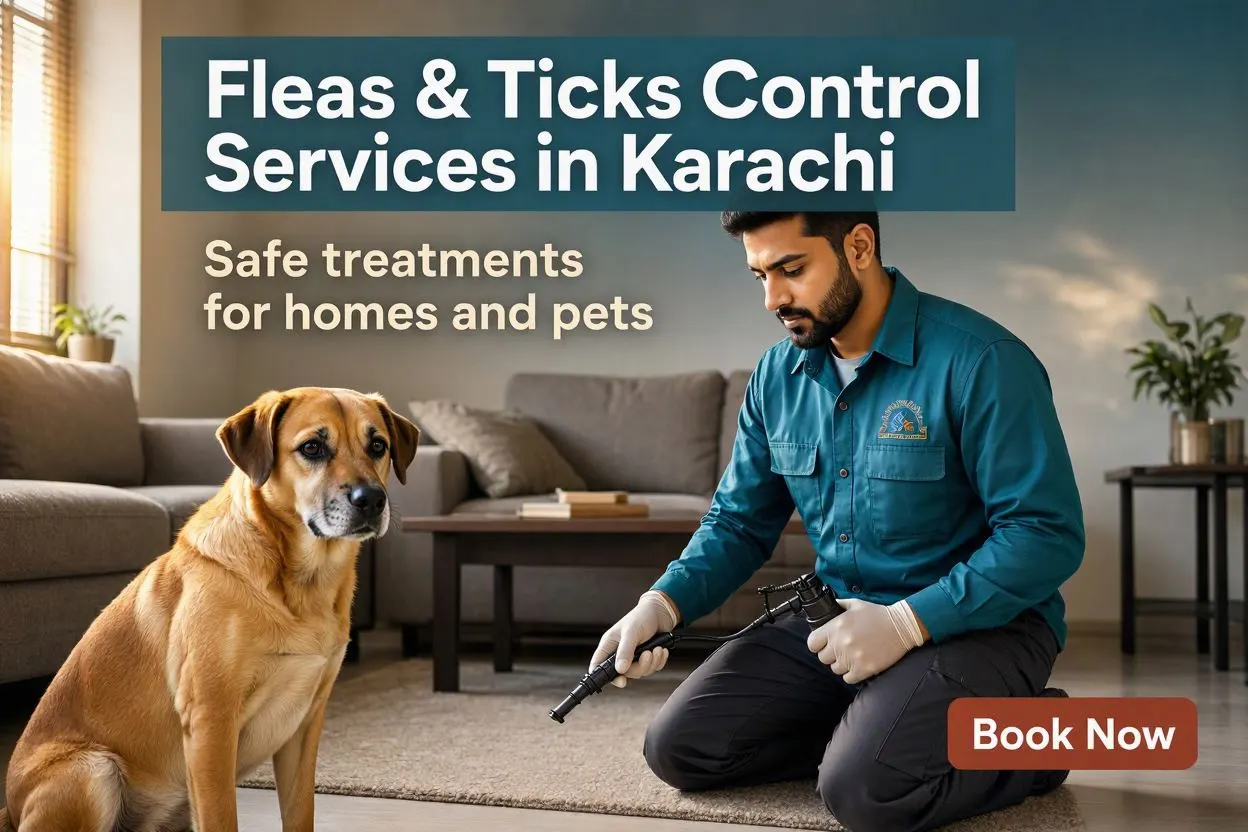 Fleas and ticks control service in Karachi: Accurate Fumigation technician treating floors and furniture