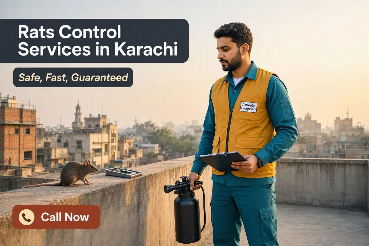 Rat control service in Karachi: Accurate Fumigation technician setting up rodent control