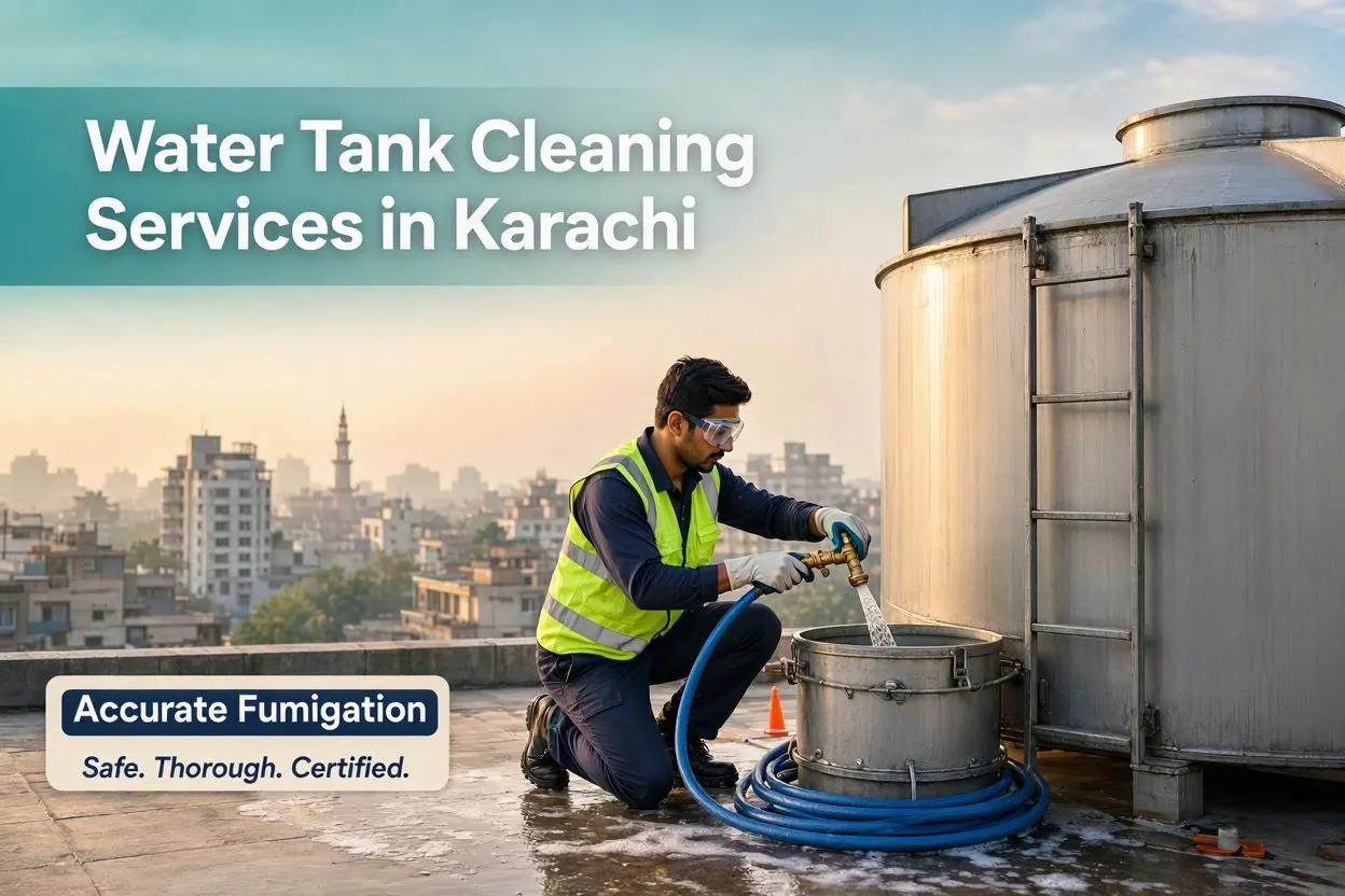 Water tank cleaning service in Karachi: Accurate Fumigation team cleaning a tank